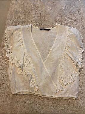 ZARA White Eyelet Ruffle Wrap Top